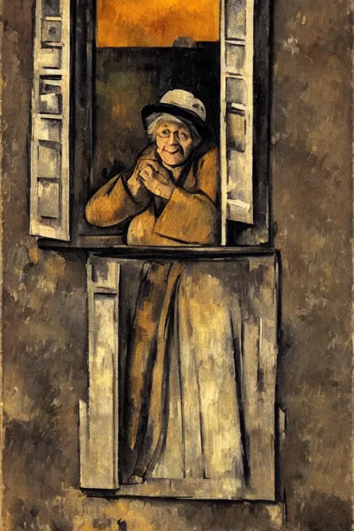 Image similar to an elderly and content italian woman leaning out of the window of an old building, smoking a cigarette, by paul cezanne, firenze, sunset, smooth, expressionist, gold, portrait