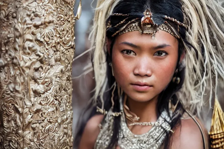Prompt: close - up photo of a beautiful khmer warrior princess in a battle scene, detailed eyes, shallow depth of field, photorealistic, cinematic lighting, lovely bokeh, warm colours, dusk