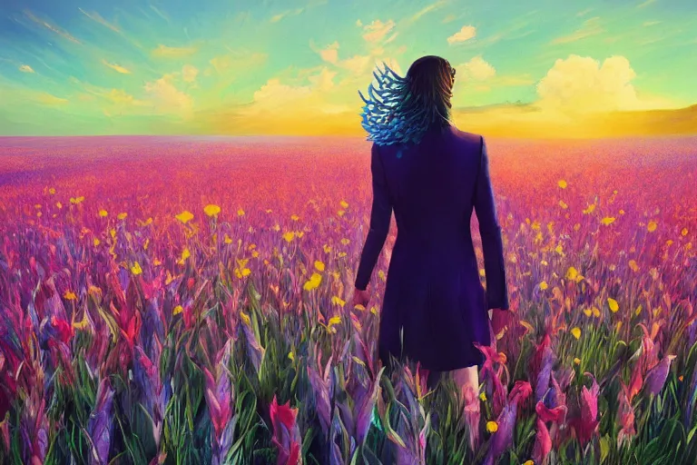 Image similar to closeup, giant gladiola flower head, girl in suit walking in field of flowers, surreal photography, sunrise, blue sky, dramatic light, impressionist painting, digital painting, artstation, simon stalenhag