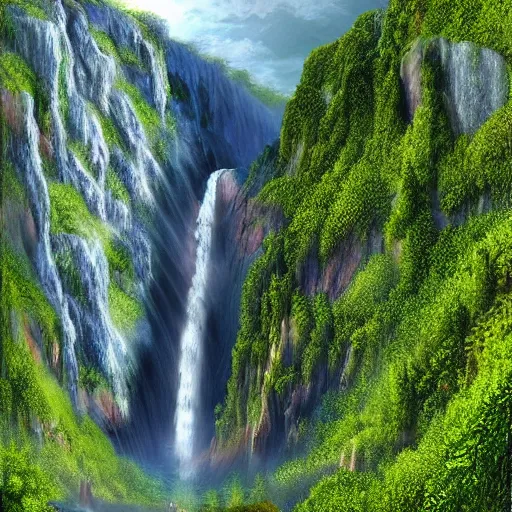 Image similar to photorealistic fantasy digital art depicting a very - distant aerial view of the world's tallest waterfall. the waterfall emerges from a cliff at the peak of the world's tallest mountain, and it falls to the base of the mountain into a lake. the waterfall is unbelievably tall, and the mountain is extremely steep and narrow. there is a city surrounding the lake.