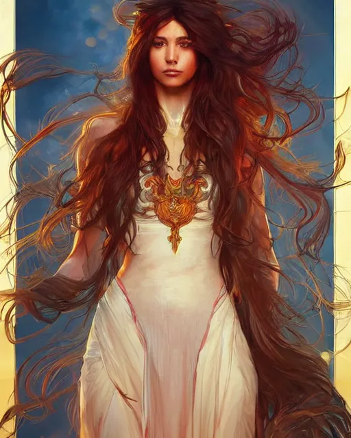 Image similar to beautiful long haired girl, fire dress, full body photo, flames everywhere, highly detailed, digital painting, artstation, concept art, smooth, sharp focus, illustration, art by artgerm and greg rutkowski and alphonse mucha