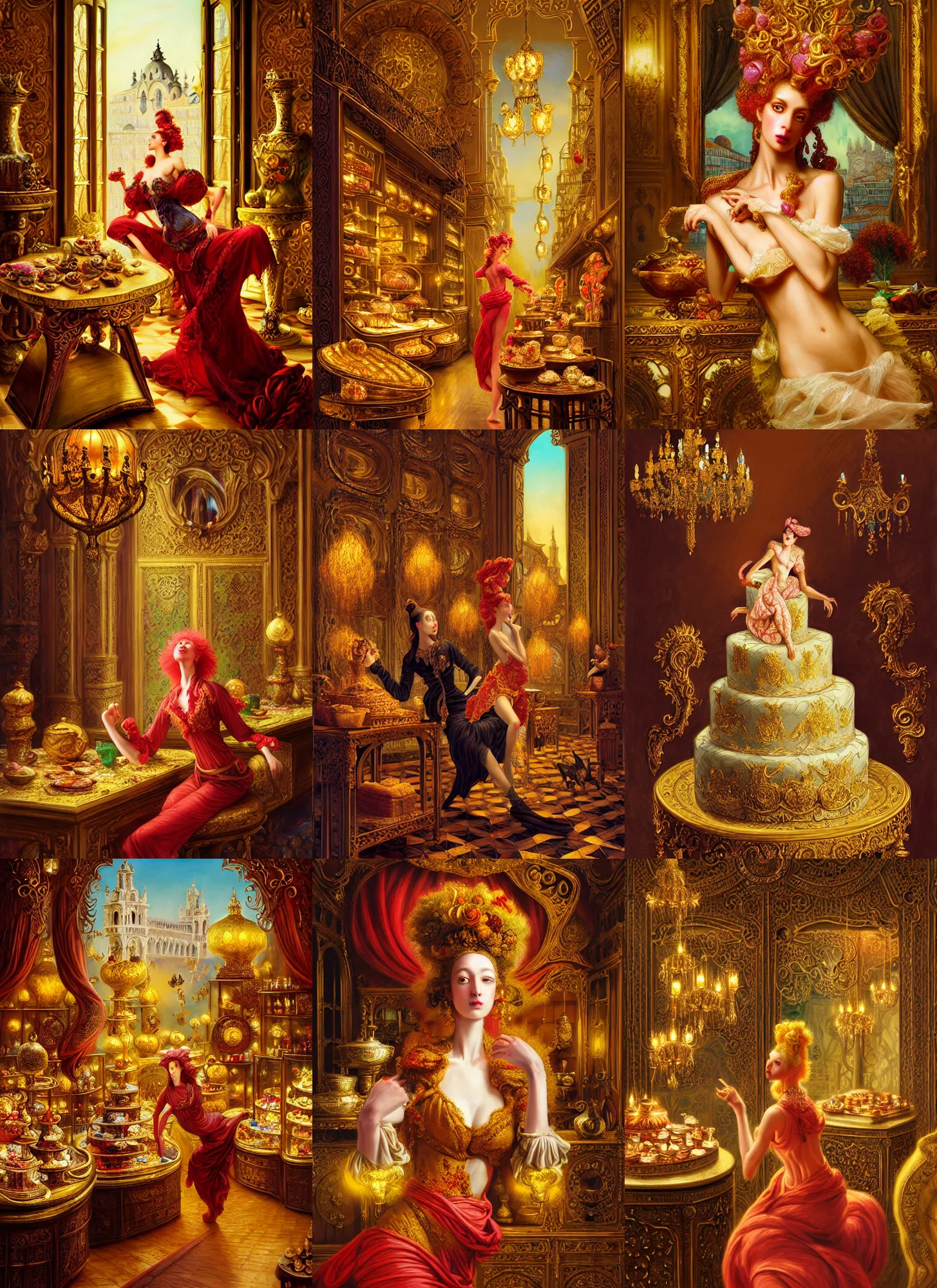 Image similar to Neo Rococo Expressionist, orientalism, diffuse lighting, fantasy, intricate, elegant, highly detailed, lifelike, photorealistic, digital painting, artstation, illustration, concept art, smooth, sharp focus, The City of Lisbon in a luxurious lavish cake shop, art by John Collier and Albert Aublet and Krenz Cushart and Artem Demura and Alphonse Mucha