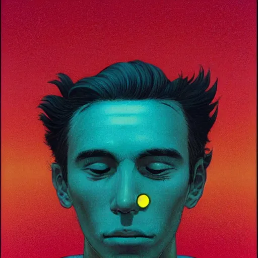 Image similar to a scifi closeup portrait of a young british man licking a blotter paper of LSD acid on his tongue and dreaming psychedelic hallucinations in cosmos, by kawase hasui, moebius, Edward Hopper and James Gilleard, Zdzislaw Beksinski, Steven Outram colorful flat surreal design, hd, 8k, artstation