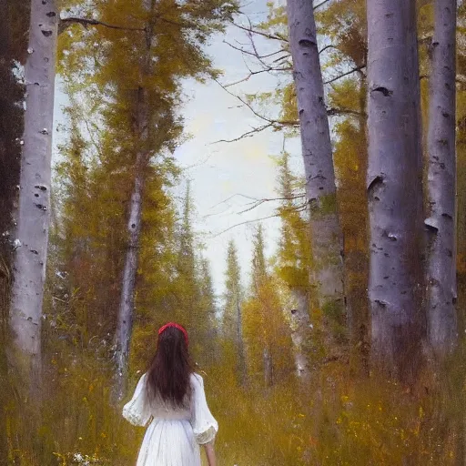 Prompt: woman with dark long hair in white dress, walking through aspen forest, jeremy lipking, joseph todorovitch