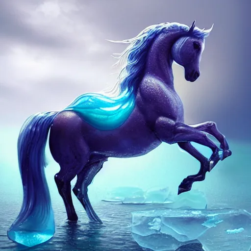 Image similar to a fantastical transparent small turquoise spirit horse made of water and foam and algae and ice, splashing water, wave, translucent, ethereal, noble, radiant, hyperalism, scottish folklore, digital painting, artstation, concept art, smooth, 8 k frostbite 3 engine, ultra detailed, art by artgerm and greg rutkowski and magali villeneuve