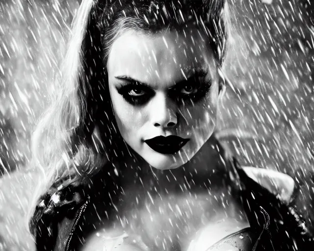 Prompt: closeup headshot of seductive margo robbie as harley quinn in the rain, wet skin, bokeh, street lights, fog, cyberpunk, bladerunner, backlit, night club, futurepunk, gta v, pinup, nagel, arney freytag, dark moody, cinematic, greg rutkowski, octane!