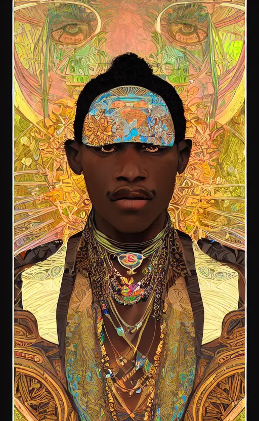 Image similar to upper half portrait of retro futuristic african tribal chief - embellished with vegetation and iridescent crystals, art by alphonso mucha, highly detailed, digital painting, concept art, illustration, smooth sharp focus, intricate, symmetry, artstation, colourful,