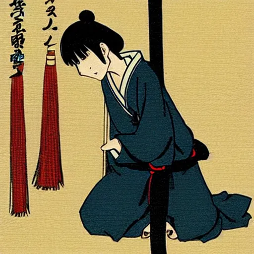 Image similar to anime art, a japanese woman holding a kanabo kneeling for an altar