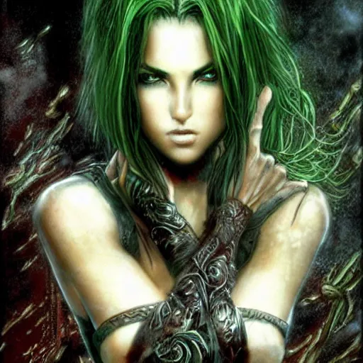 Image similar to female warrior, black hair, gorgeous green eyes, cinematic, by luis royo