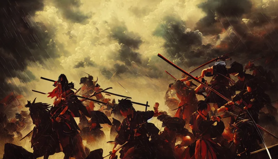 Image similar to baroque oil painting of key visual great samurai war, many warriors, rain, storm, final fantasy, fake detail, trending pixiv fanbox, acrylic palette knife, style of makoto shinkai takashi takeuchi yoshiyuki sadamoto greg rutkowski chiho aoshima