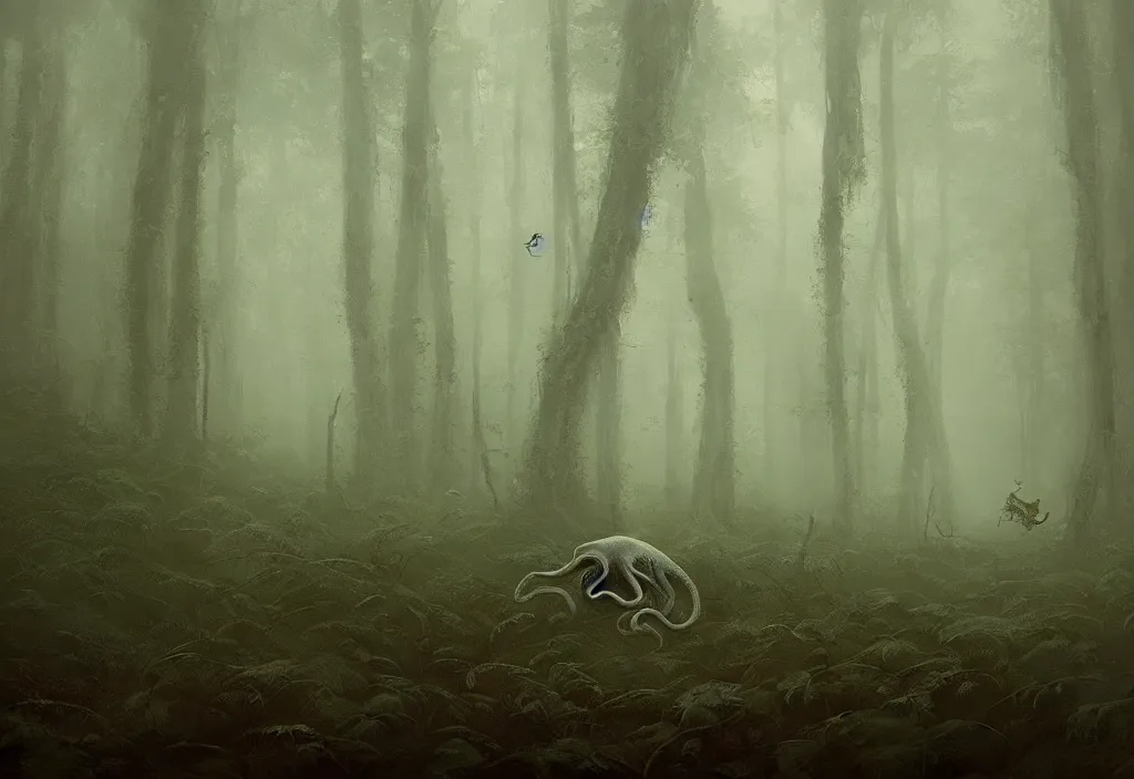 Prompt: an octopus in a dense forest, night, foggy, rain, gloomy, mysterious, artstation, jakub rozalski, high detail