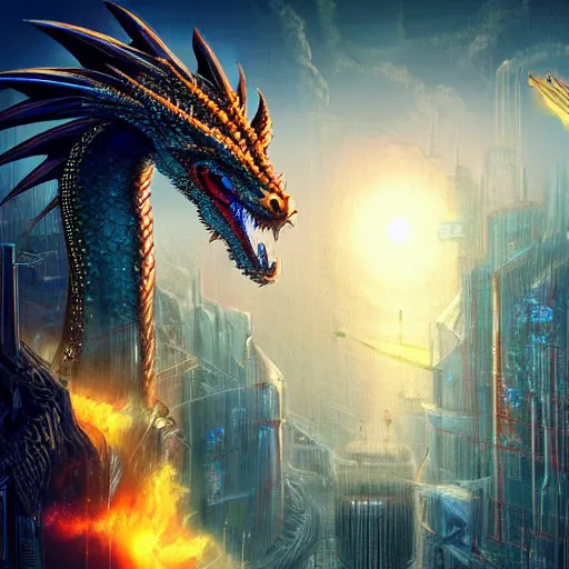 Prompt: a majestic dragon, hd, high quality cyberpunk art