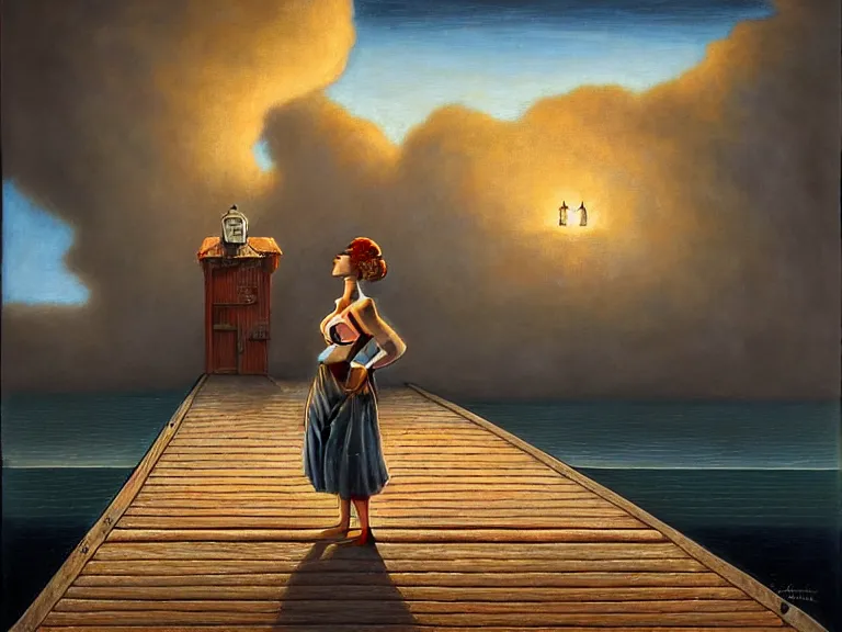 Image similar to a woman standing on a forgotten wharf on a cold sea by rob gonsalves and vladimir kush and roberto ferri and ruth deckard and alberto vargas and gil elvgren and harry ekman and george petty, crisp details, hyperrealism, high detail, high contrast, low light, grey mist, cobblestones, orange candle flames