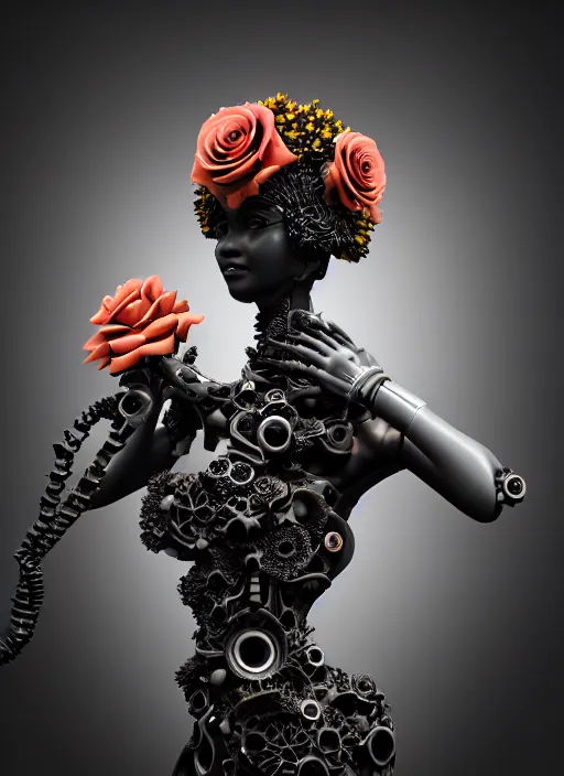 Image similar to biomechanical black marble statue carrying perfume bottle. enchanted coral kingdom made of corals, daisies, roses well contoured smooth fair walls, up close shot, sharp focus, global illumination, radiant light, alexandre ferra white mecha, irakli nadar, octane highly render, 4 k, ultra hd,