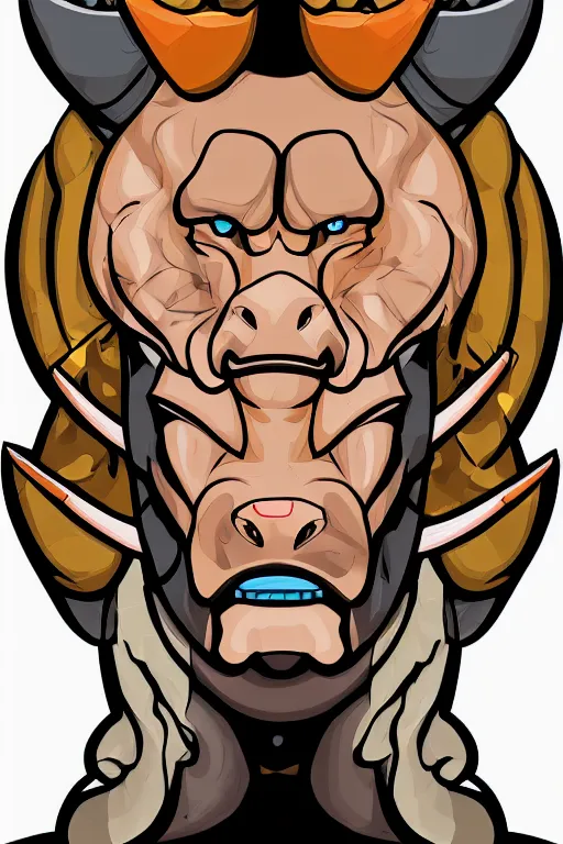 Image similar to A portrait of a bull as evil warlord general, sticker, Anthropomorphized, portrait, highly detailed, colorful, illustration, smooth and clean vector curves, no jagged lines, vector art, smooth