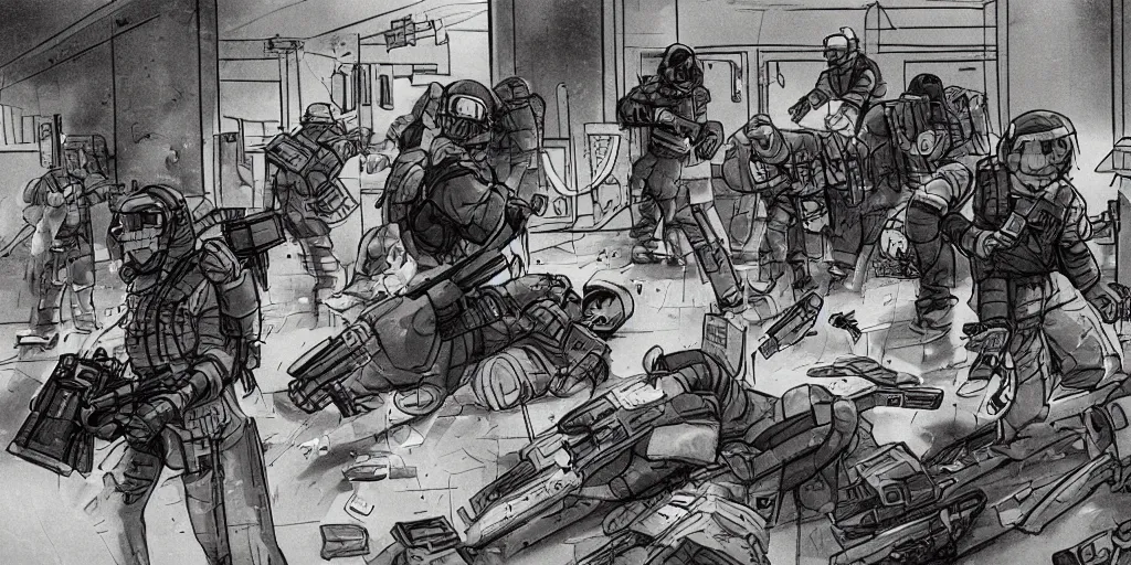 Image similar to 1992 Video Game Concept Art, Anime Neo-tokyo Cyborg bank robbers vs police, Set in Cyberpunk Bank Vault, bags of money, Multiplayer set-piece :9, Police officers hit by bullets, Police Calling for back up, Bullet Holes and Blood Splatter, :6 ,Hostages, Smoke Grenades, Large Caliber Sniper Fire, Chaos, Cyberpunk, Money, Anime Bullet VFX, Machine Gun Fire, Violent Gun Action, Shootout, Escape From Tarkov, Payday 2, Highly Detailed, 8k :7 by Katsuhiro Otomo + Studio Gainax + Sanaril : 8