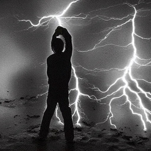 Prompt: in a dark room a man is struck by lightning