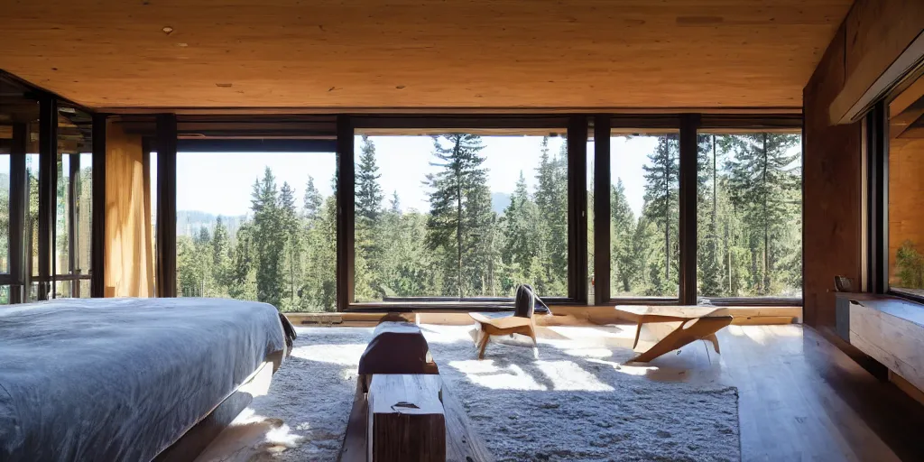 Prompt: large modern lodge residence, cascadian, concrete and cedar, many large windows, designed by olson kundig