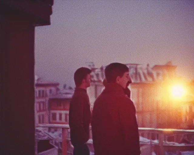 Prompt: lomo photo of pair standing on small hrushevka balcony full with cigarette smoke in small russian town looking at sunset, cinestill, bokeh