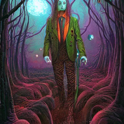 Image similar to Vampire traveling through a beautiful psychedelic world, horror, illustrated by Andrew Ferez, trending on artstation