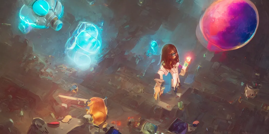 Prompt: girl wearing scientific clothes and big glasses, big friendly furry monster, spheric floating robot, character sheet, character line up, colorful, character sheet, greg rutkowski, zabrocki, karlkka, jayison devadas, trending on artstation, 8 k, ultra wide angle, zenith view, pincushion lens effect