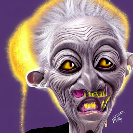 Image similar to creepy old goblin lady with magical nature powers, silver hair, dark yellow eyes, and a pep in her step, digital art