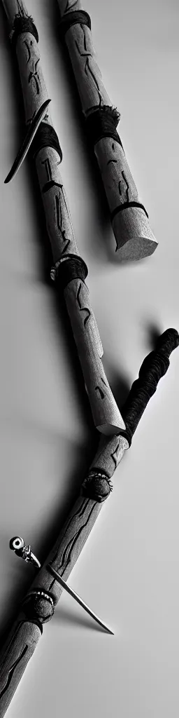 Image similar to picture of a single long futuristic ninja staff with ornaments, carving, cyberpunk, sci - fi, fantasy, close shot, single long stick, white background