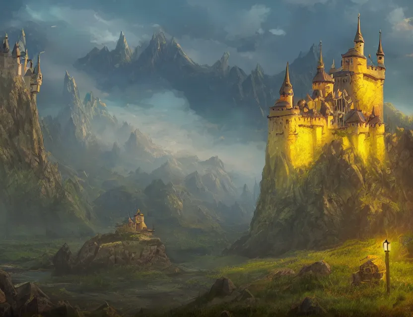 Prompt: Fantasy solitary Castle on a flat plain, near a river, yellow roofs. Matte painting by Anato Finnstark and Blizzard Studio, 4k ultra detailed, great composition cinematic.