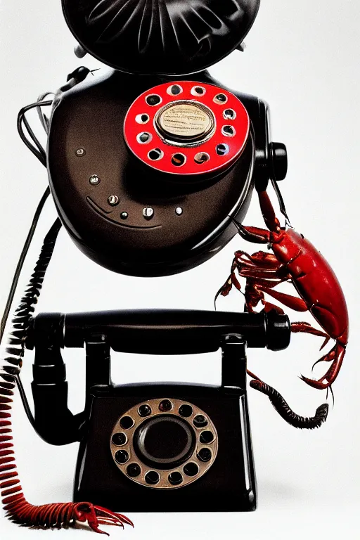 Prompt: commercial product photography advertisement for Salvador Dali’s Lobster-phone, a red Rotary analogue telephone with a lobster for a handle, Rear lighting, commercial studio lighting