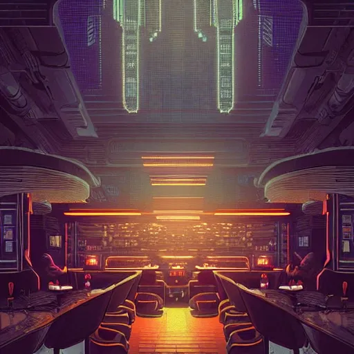 Image similar to futuristic cyberpunk restaurant, interior architecture view, beautiful detailed pixelart by albertov, intricate details, beautiful, dithered gradients, volumetric lighting, cgsociety, artstation, smooth, sharp focus, 2 d illustration, by greg rutkowski, amazing art by dan mumford