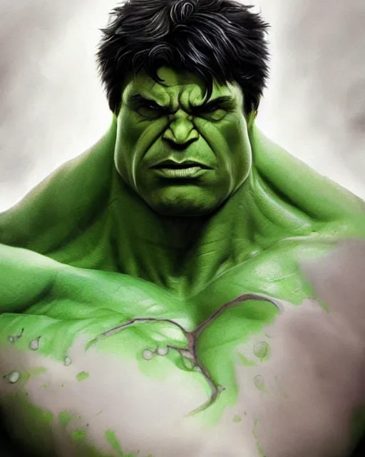 Prompt: incredible hulk, portrait, fantasy art, in the style of artgerm, illustration, epic, fantasy, intricate, hyper detailed, artstation, concept art, smooth, sharp focus, ray tracing, vibrant, photorealistic, simon bisley, fabry glenn