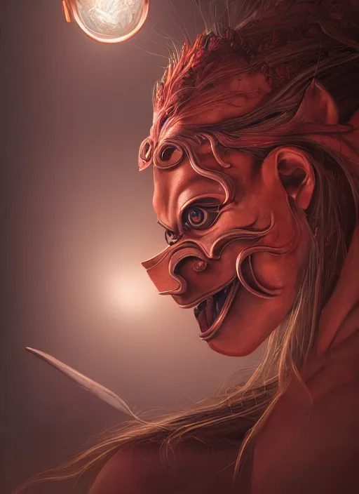 Prompt: a beautiful detailed oil on copper art illustration of a japanese tengu mask with big nose woman, centered, by charlie bowater, zeng fanzh, trending on artstation, dim dusk lighting, cinematic lighting, detailed lighting, volumetric lighting, realistic, f 8, 4 k hd wallpaper
