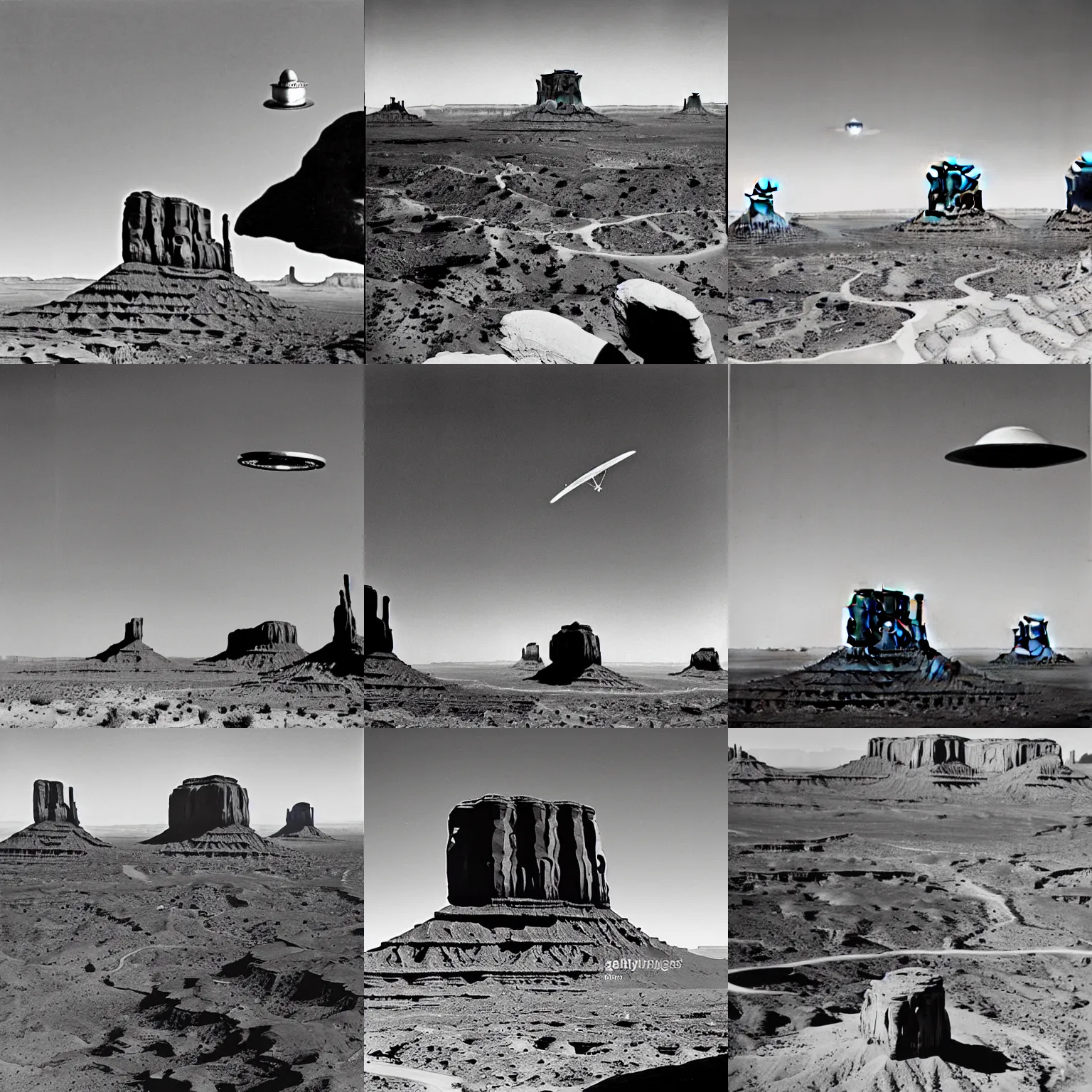 Prompt: 1940s photo of an alien UFO flying over Monument Valley, Utah