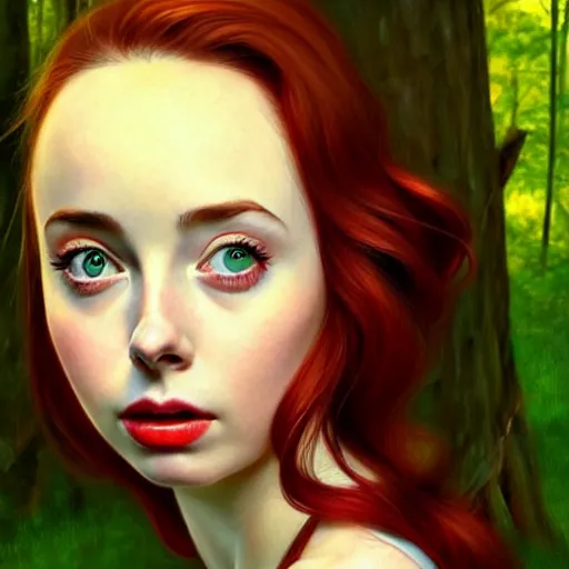 Image similar to gorgeous Kacey Rohl, realistic character concept, red hair, symmetrical face, symmetrical eyes, green dress, forest, trees, shorter neck, cinematic lighting, artgerm, Norman Rockwell, beautiful