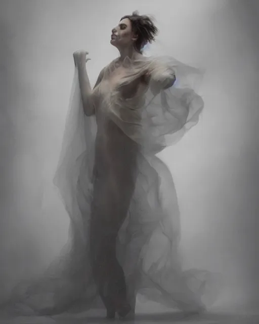 Image similar to professional render of an ethereal ghostlike figure fluid simulation in houdini dancing in dark smoke robes and silk veils by ilm, paolo roversi, nick knight, gill elvgren, beautiful simplified form distorted by turbulent movement, dark studio background, vivid, romantic, trending on artstation, hyperrealism, matte painting, dutch golden age, fine detail, cgsociety