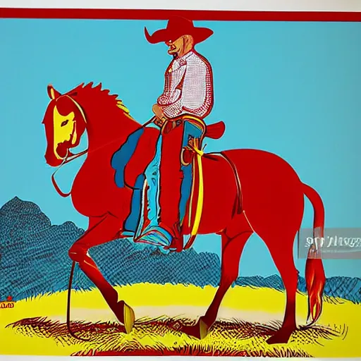 Prompt: cowboy sitting on a horse. serigraph