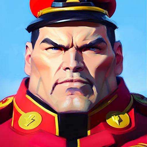 Image similar to Greg Manchess portrait painting of M. Bison as Overwatch character, medium shot, asymmetrical, profile picture, Organic Painting, sunny day, Matte Painting, bold shapes, hard edges, street art, trending on artstation, by Huang Guangjian and Gil Elvgren and Sachin Teng