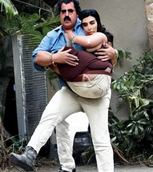 Prompt: Pablo Escobar carrying kim kardashian into a derelict mafia mansion