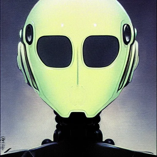 Image similar to a simple concept art portrait of an amazingly designed robot with a sleek modern helmet. an award winning yoshitaka amano digital art poster color painting. a masterpiece by james gurney. poster colour on canvas.