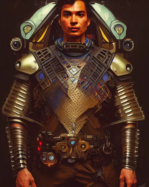 Prompt: portrait of a handsome cyberpunk amazonian man wearing a warrior armor, beautiful symmetrical face, fantasy, regal, by stanley artgerm lau, greg rutkowski, thomas kindkade, alphonse mucha, loish, norman rockwell.