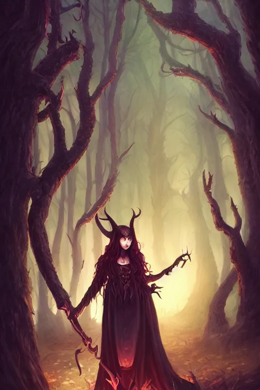 Image similar to satanic witch in the evil forest, fantasy, 8 k resolution, hyper detailed, d & d, character design, digital painting, trending on artstation, sharp focus, illustration, art by artgerm, steve zheng, fuji choko, viktoria gavrilenko, hoang lap