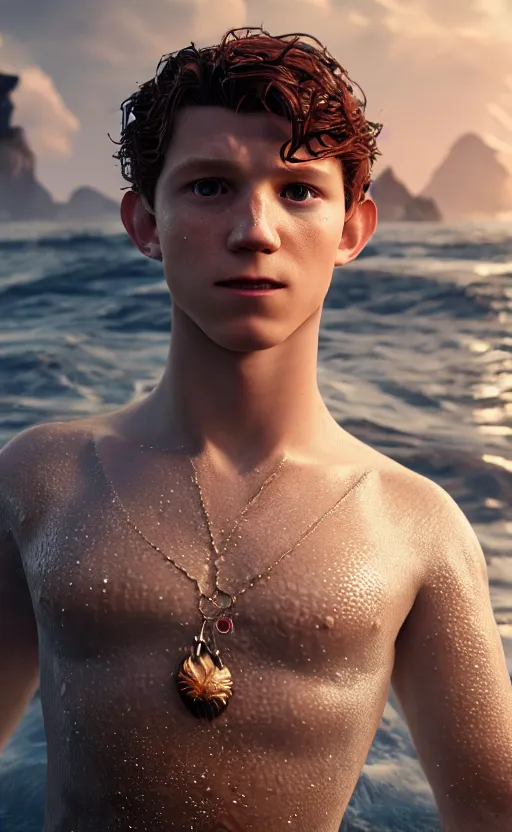 Prompt: tom holland as a charming mermaid work safe dreamlike with jewelry, character art, hyperdetailed, 8 k realistic, frostbite 3 engine, cryengine, dof, trending on artstation, digital art