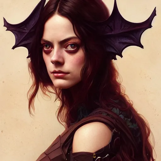 Image similar to beautiful Kaya Scodelario as Bat Girl, western, closeup, D&D, fantasy, intricate, elegant, highly detailed, digital painting, artstation, concept art, matte, sharp focus, illustration, art by Artgerm and Greg Rutkowski and Alphonse Mucha