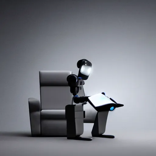 Image similar to futuristic lonely matte dark gray and glossy blue humanoid robot with legs, with huge expressive comically sad LED eyes and open rectangular mouth sitting facing to the left, reading a hardbound leather book on a large comfortable cushioned vintage recliner. Cinematic Lighting, Cinematic Movie Photograph, Arri Alexa, Extremely Detailed, smooth, very very clean, simple, 8K, octane render, maya render, unreal engine, trending on artstation, DSLR