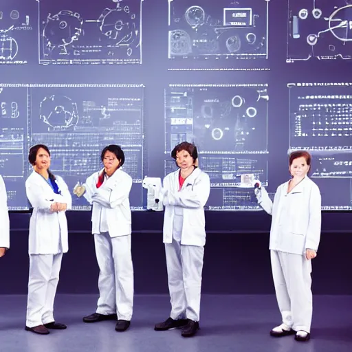 Image similar to a team of futuristic scientists standing for a group photo