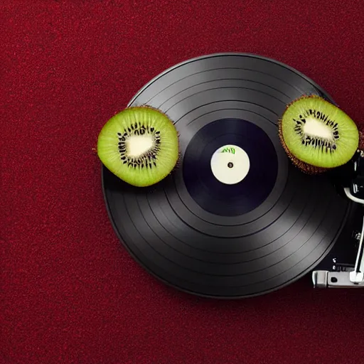 Image similar to miniature of vinyl turntable vinyl record in shape of huge kiwi fruit, 4 k, digital art, unreal render, hyperrealistic textures, product shot, top view