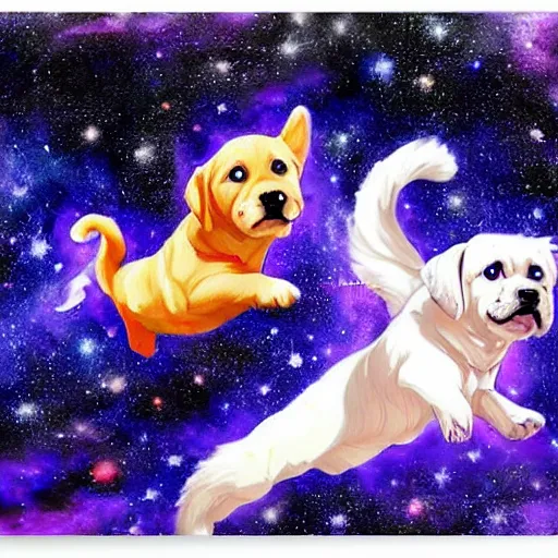Prompt: puppies flying through space, anime show, painted, detailed