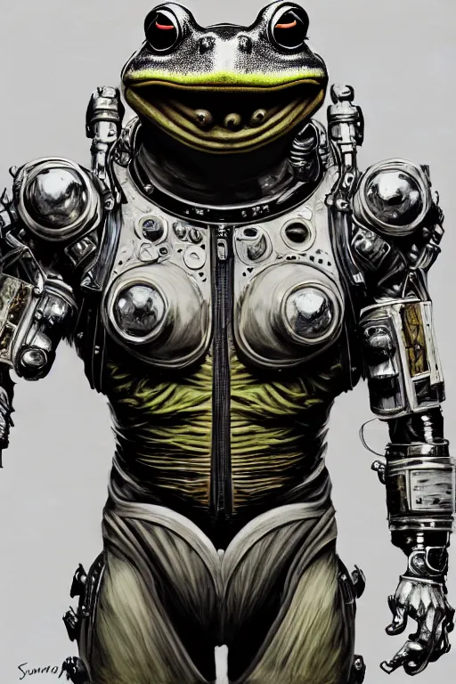 Image similar to a portrait of a muscular anthropomorphic cyberpunk frog in spacesuit armor with ensignia on chest plate by sandra chevrier, by jon foster, detailed render, post - processing, extremely hyperdetailed, intricate, epic composition, cybernetics, 4 k realistic, cryengine, realistic shaded lighting, sharp focus, masterpiece, by enki bilal