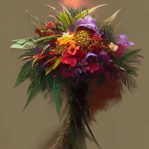 Prompt: Concept art, Contemporary tropical flower bouquet, 8k, james gurney, greg rutkowski, john howe, artstation