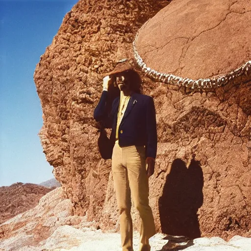 Image similar to mick jagger dressed in golden costume with jewels in a dry rocky desert landscape, visible sky and sunny atmosphere, fata morgana by alejandro jodorowsky, anamorphic lens, kodakchrome, 8 k -